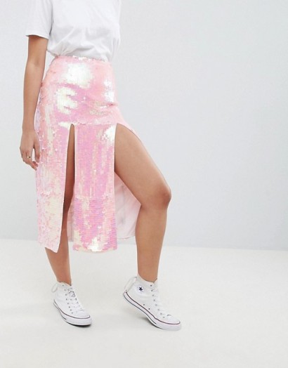 ASOS DESIGN all over iridescent embellished midi skirt with thigh splits ~ pink sequin skirts