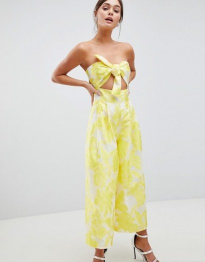 ASOS DESIGN Bandeau Jacquard Jumpsuit With Knot Detail ~ yellow strapless jumpsuits - flipped