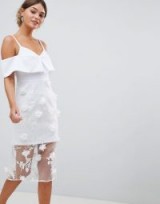 ASOS DESIGN bardot 3d flower sheer midi pencil dress | white floral party dresses