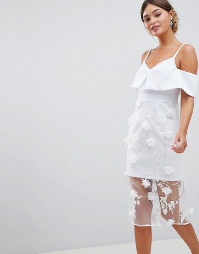 ASOS DESIGN bardot 3d flower sheer midi pencil dress | white floral party dresses - flipped