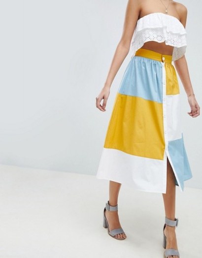 ASOS DESIGN colourblock midi skirt with button front | yellow, blue and white colour block skirts - flipped