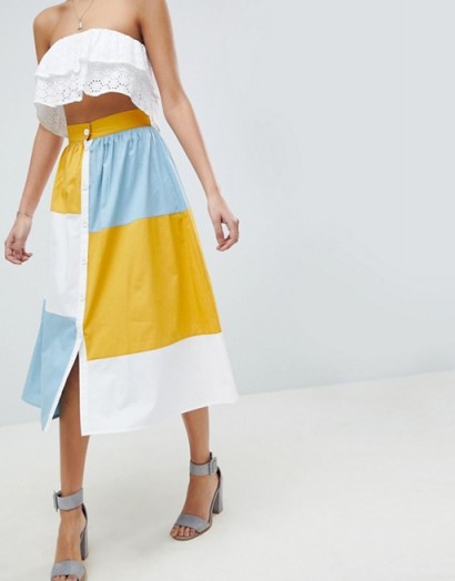 ASOS DESIGN colourblock midi skirt with button front | yellow, blue and white colour block skirts