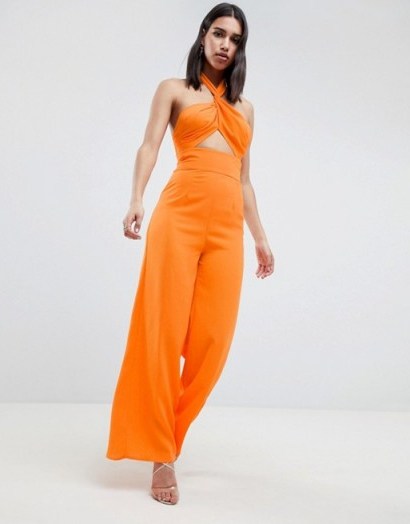 ASOS DESIGN Cross Front Jumpsuit With Twist Neck And Wide Leg | orange cut out jumpsuits - flipped
