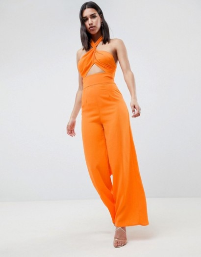 ASOS DESIGN Cross Front Jumpsuit With Twist Neck And Wide Leg | orange cut out jumpsuits