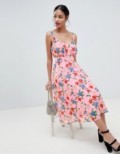 ASOS DESIGN Cut Out Midi Dress In Pink Floral Print – vintage style summer dresses - flipped