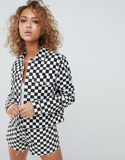 ASOS DESIGN denim jacket in checkerboard print – monochrome checked jackets - flipped