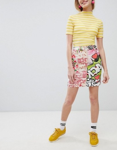 ASOS DESIGN denim skirt in art print | mixed prints | bold printed skirts - flipped