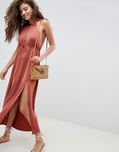 ASOS DESIGN Halterneck Plunge Slinky Maxi Dress in Rust | long boho dresses