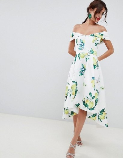 ASOS DESIGN Lemon Print Bardot Cold Shoulder Dip Back Midi Prom Dress – off the shoulder fit and flare dresses - flipped