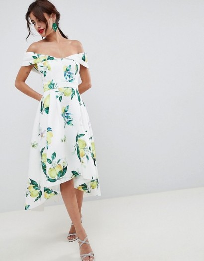 ASOS DESIGN Lemon Print Bardot Cold Shoulder Dip Back Midi Prom Dress – off the shoulder fit and flare dresses