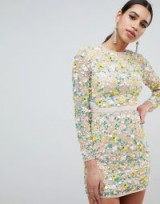 ASOS DESIGN long sleeve 3d floral embellished mini dress | sequin party dresses