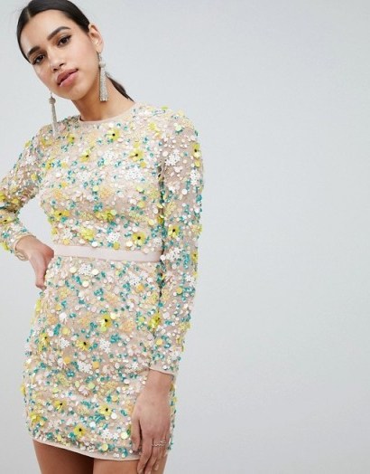 ASOS DESIGN long sleeve 3d floral embellished mini dress | sequin party dresses - flipped