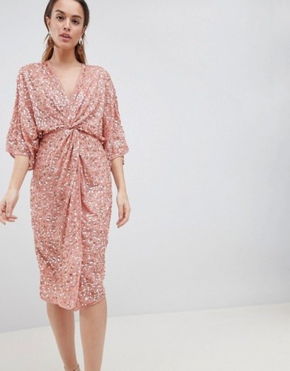 ASOS DESIGN Midi Sequin Kimono Dress in Dusty Pink | front twist party dresses - flipped