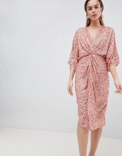 ASOS DESIGN Midi Sequin Kimono Dress in Dusty Pink | front twist party dresses