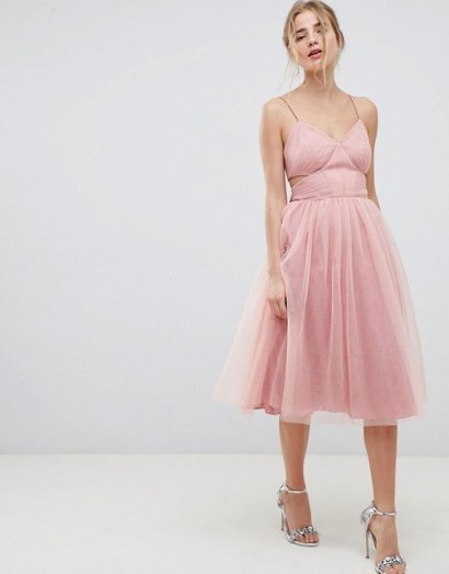 ASOS DESIGN Midi Tulle Prom Dress With Cut Out Sides And Bow | pink floaty fit and flare party dresses - flipped