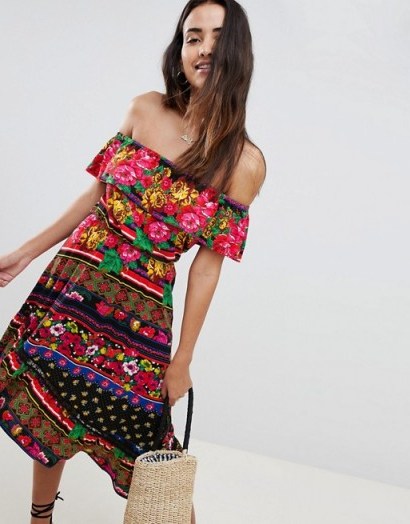 ASOS DESIGN Off Shoulder Midi Sundress In Spliced Floral | multicoloured bardot dresses | boho summer fashion - flipped