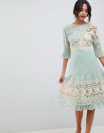 ASOS DESIGN Premium Crochet Insert Midi Dress ~ mint green frilled party dresses - flipped