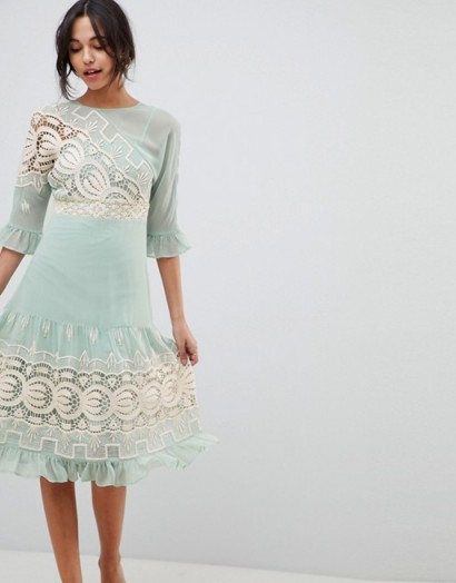 ASOS DESIGN Premium Crochet Insert Midi Dress ~ mint green frilled party dresses