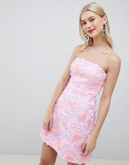 ASOS DESIGN premium 3d floral a-line mini dress | pink strapless party dresses - flipped