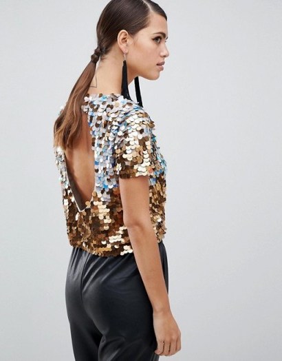 ASOS DESIGN Premium Ombre Disco Sequin T-Shirt | gold open back party tops - flipped