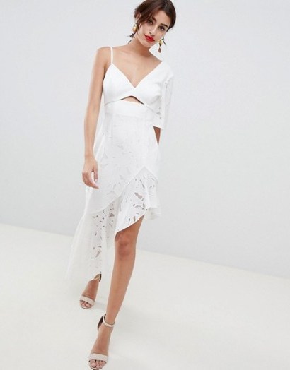ASOS DESIGN Scuba Mix Broderie Lace Midi Dress – white asymmetric cut-out dresses - flipped