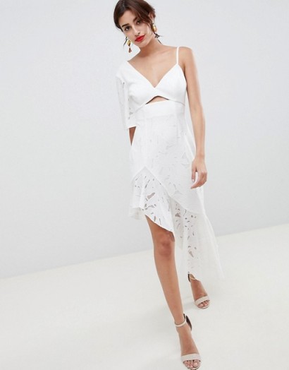ASOS DESIGN Scuba Mix Broderie Lace Midi Dress – white asymmetric cut-out dresses