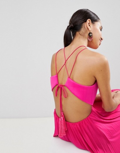 ASOS DESIGN scuba top tassel back pleated maxi dress – hot pink strappy back evening dresses