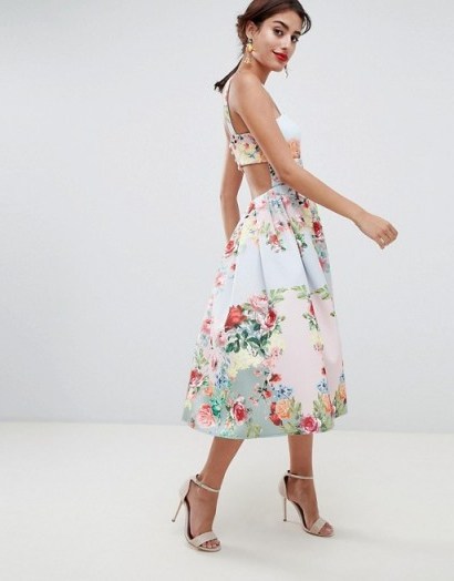 ASOS DESIGN square neck floral scuba prom dress | cut out back fit and flare party dresses - flipped