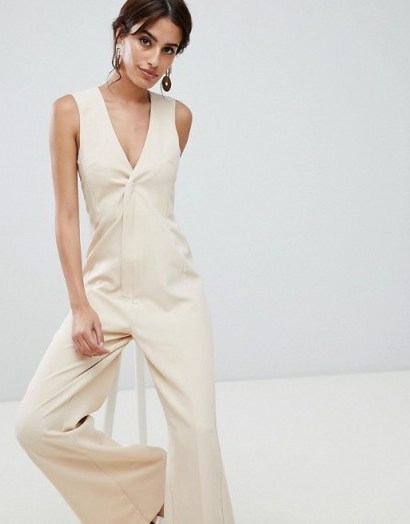 ASOS DESIGN Tailored Jumpsuit with Wide Leg in stone | sleeveless flared leg jumpsuits - flipped