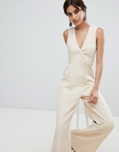 ASOS DESIGN Tailored Jumpsuit with Wide Leg in stone | sleeveless flared leg jumpsuits