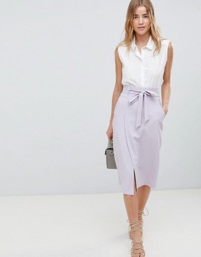 ASOS DESIGN tailored pencil skirt with obi tie in lilac