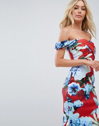 ASOS Floral Fold Detail Bardot Scuba Pencil Dress ~ off the shoulder dresses - flipped