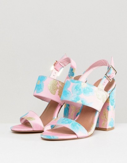 ASOS HUSTLE Heeled Sandals – pink and blue floral chunky heels