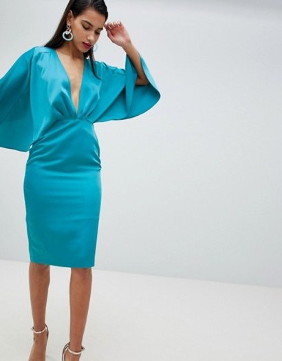 ASOS Satin Cape Kimono Sleeve Deep Plunge Midi Dress ~ turquoise blue plunge front dresses - flipped