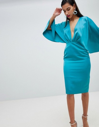 ASOS Satin Cape Kimono Sleeve Deep Plunge Midi Dress ~ turquoise blue plunge front dresses