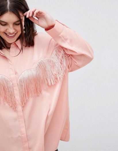 ASOS DESIGN Curve Oversized Shirt With Fringing – pink western shirts