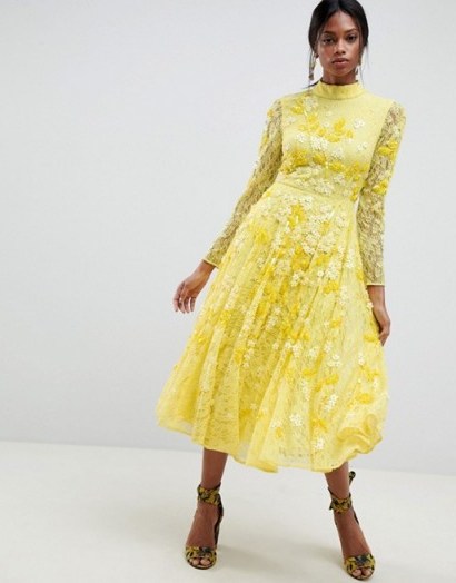 ASOS EDITION All Over Lace Embellished Midi Dress ~ yellow fit and flare dresses - flipped