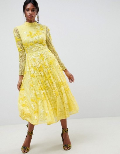 ASOS EDITION All Over Lace Embellished Midi Dress ~ yellow fit and flare dresses