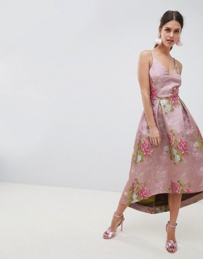 ASOS EDITION Beautiful Floral Jacquard Midi Prom Dress | pink floral party dresses - flipped