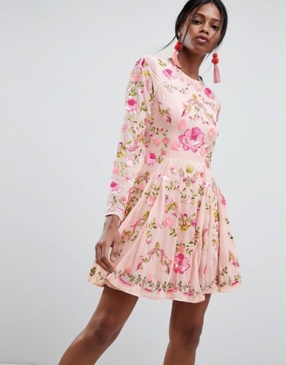ASOS EDITION Salon Beautiful Embellished Floral Skater Dress – pink party dresses - flipped