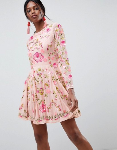 ASOS EDITION Salon Beautiful Embellished Floral Skater Dress – pink party dresses