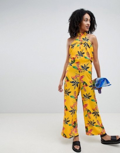 ASOS Made In Kenya x 2ManySiblings High Neck Frill Jumpsuit In Yellow Floral | halter neck jumpsuits - flipped