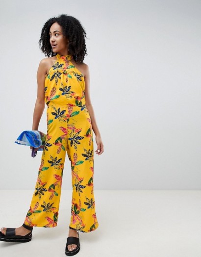 ASOS Made In Kenya x 2ManySiblings High Neck Frill Jumpsuit In Yellow Floral | halter neck jumpsuits