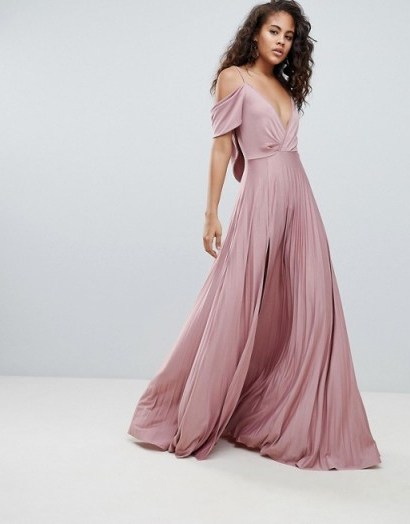 ASOS DESIGN Tall cold shoulder cowl back pleated maxi dress in rose pink – long flowing plunge front dresses - flipped