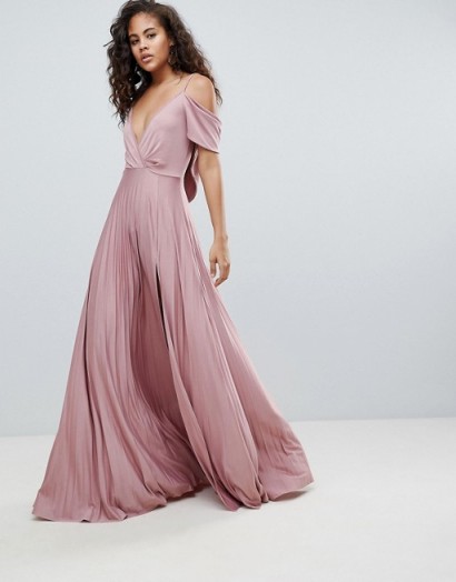 ASOS DESIGN Tall cold shoulder cowl back pleated maxi dress in rose pink – long flowing plunge front dresses