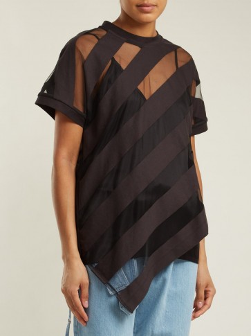 MARQUES’ALMEIDA Asymmetric-hem striped devoré cotton-blend top ~ sheer black tops