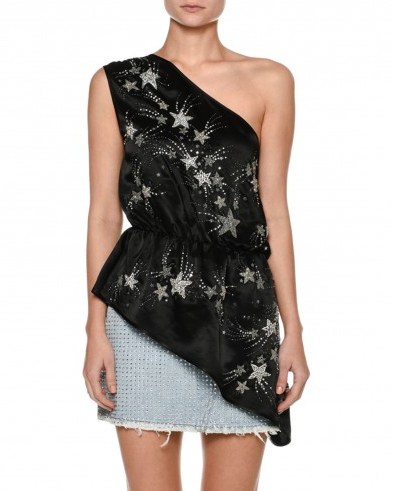 Attico One-Shoulder Crepe De Chine Top with Embroidered Stars ~ black asymmetric tops - flipped