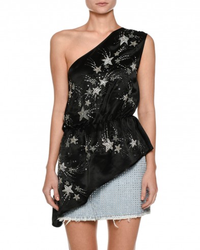Attico One-Shoulder Crepe De Chine Top with Embroidered Stars ~ black asymmetric tops