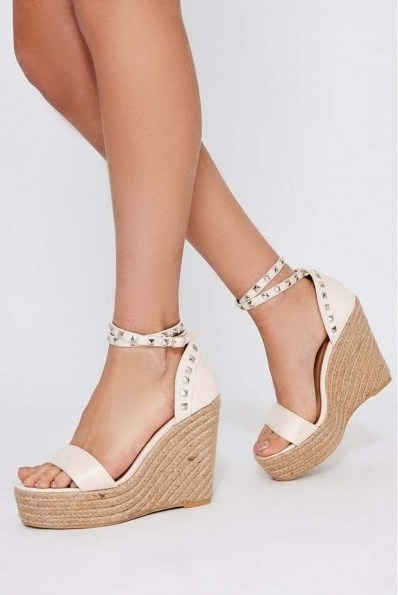 AXELLE CREAM FAUX SUEDE STUDDED WEDGES | ankle wrap wedge sandals - flipped