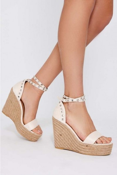 AXELLE CREAM FAUX SUEDE STUDDED WEDGES | ankle wrap wedge sandals